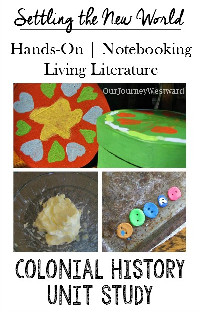 Blog image about a colonial unit study with painted boxes, homemade butter, and clay buttons