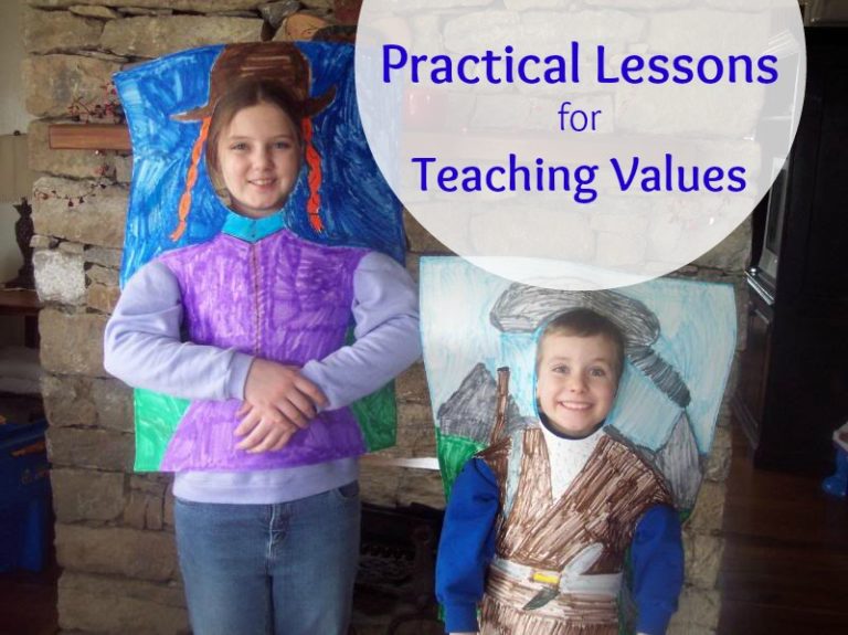 Kids wearing poster board that they colored to be explorers. For a blog post about practical lessons in teaching values.