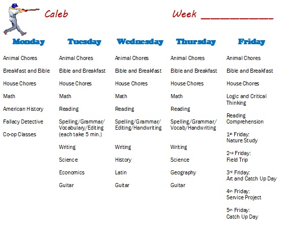 Caleb's Schedule 7th Grade Homeschool
