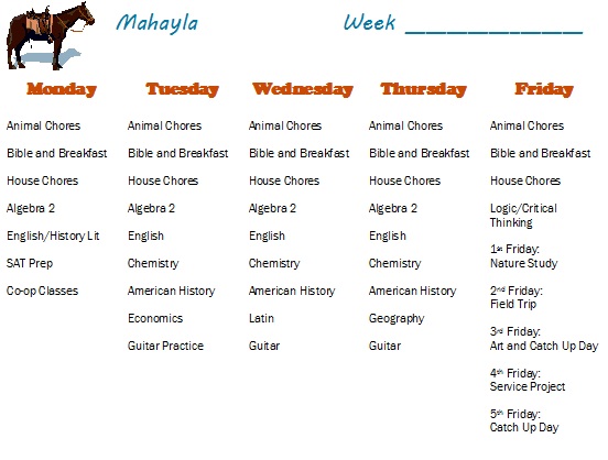 Mahayla's Schedule 10th Grade Homeschool