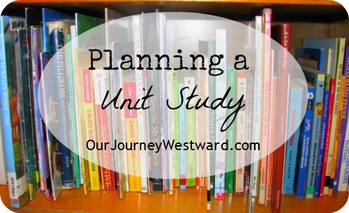 Blog image for planning a unit study with a shelf full of books in the background.