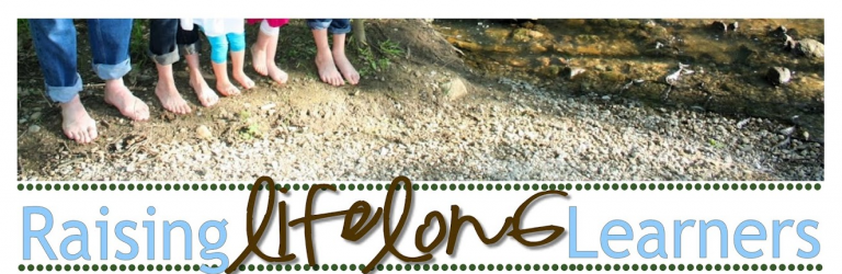 Raising lifelong learners banner with bare feet standing on the edge of a creek