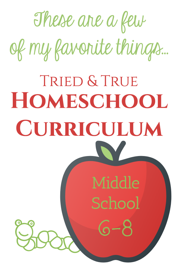 Image with a drawing of a red apple and a green worm. Used as an image for a blog post about tried and true homeschool curriculum.