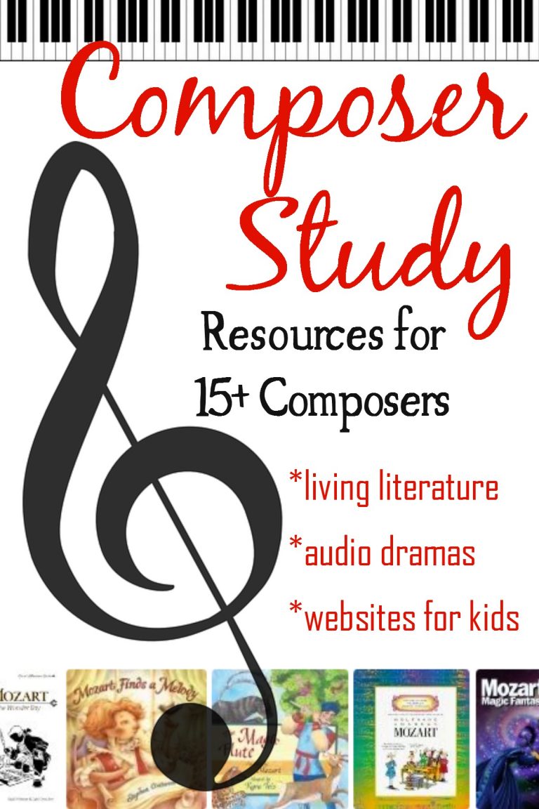 Composer study blog image with a musical note and book covers of books about composers.