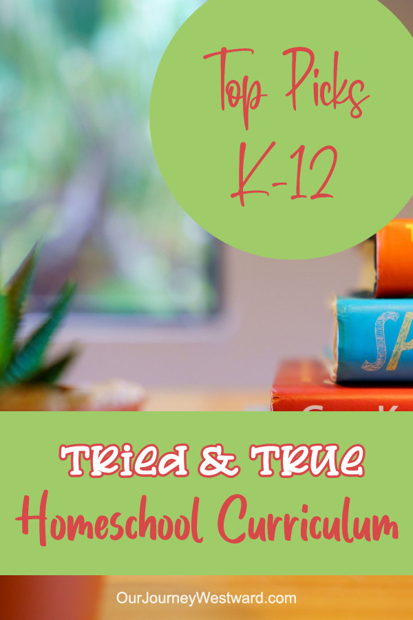 Advertisement of a blog post about homeschool curriculum that shows a few colorful books spines