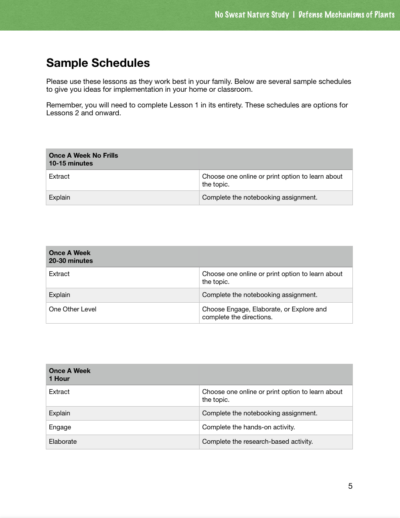 Sample schedules from Defense Mechanisms of Plants curriculum.