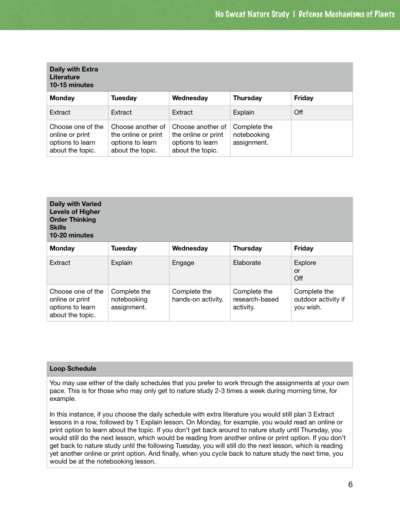 Sample schedules from Defense Mechanisms of Plants curriculum.
