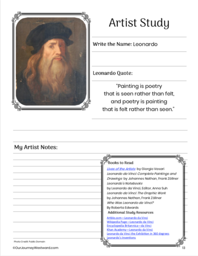 Artist Study notebooking page with photo of Leonardo da Vinci