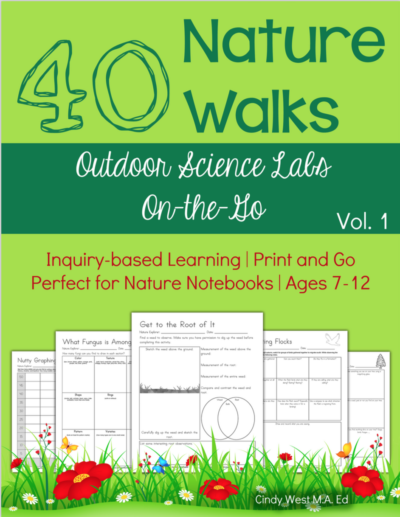 40 Nature Walks outdoor science labs green cover with examples of activity pages.
