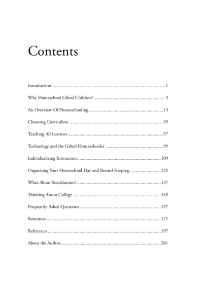 Table of contents from Homeschooling Gifted Kids