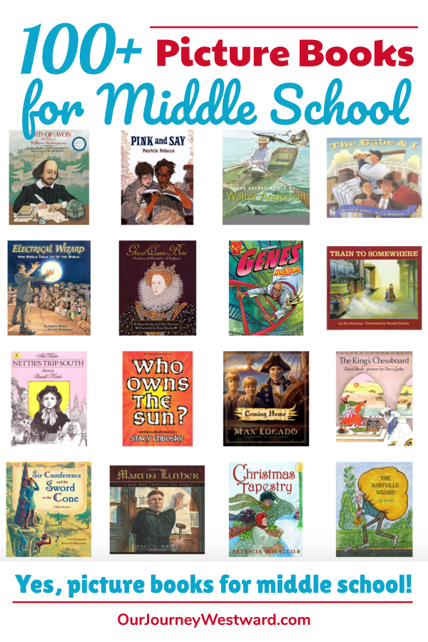 Middle school picture books displayed on an image made for a blog post.