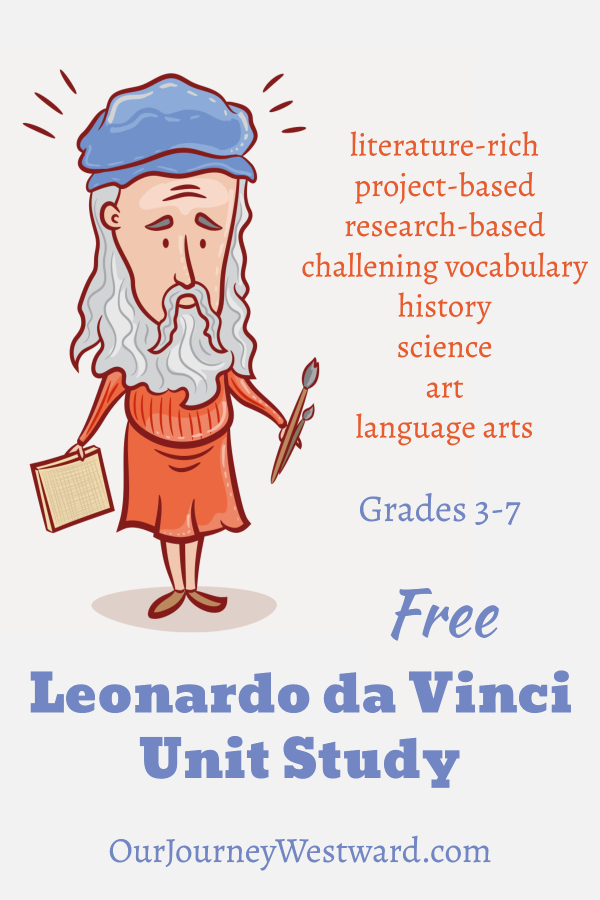 Cartoon Leonardo da Vinci in red robe and blue hat. This image is used for a blog post about a unit study about Leonardo da Vinci