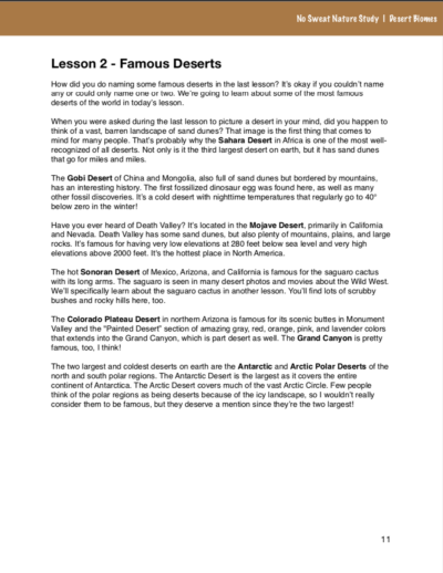 No Sweat Nature Study: Desert Biomes Science Curriculum page