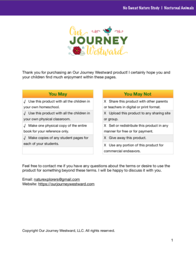 No Sweat Nature Study: Nocturnal Animals Science Curriculum page