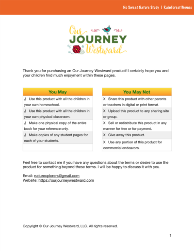 Page of curriculum about rainforest biomes with an orange stripe on top of the page.