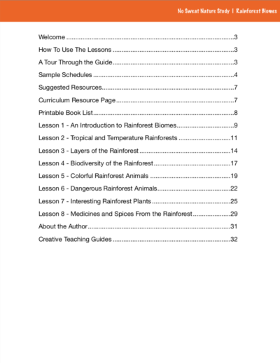 Page of curriculum about rainforest biomes with an orange stripe on top of the page.