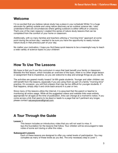Page of curriculum about rainforest biomes with an orange stripe on top of the page.