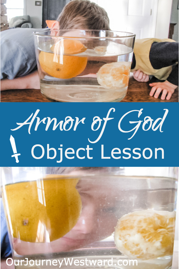 Children look into a clear glass bowl of water with a regular orange and a peeled orange in it. Used for an object lesson about the Armor of God.