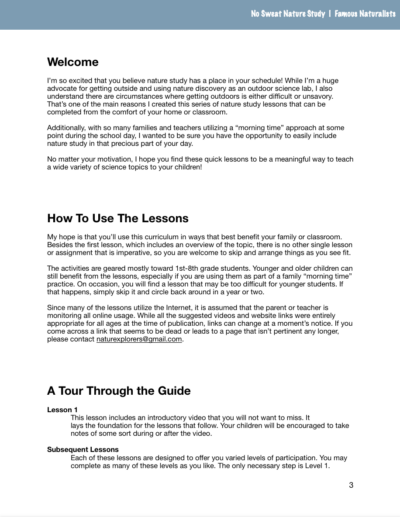 Page from the Famous Naturalists No Sweat Nature Study curriculum.
