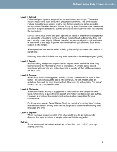 Page from the Famous Naturalists No Sweat Nature Study curriculum.