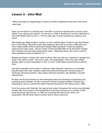 Page from the Famous Naturalists No Sweat Nature Study curriculum.