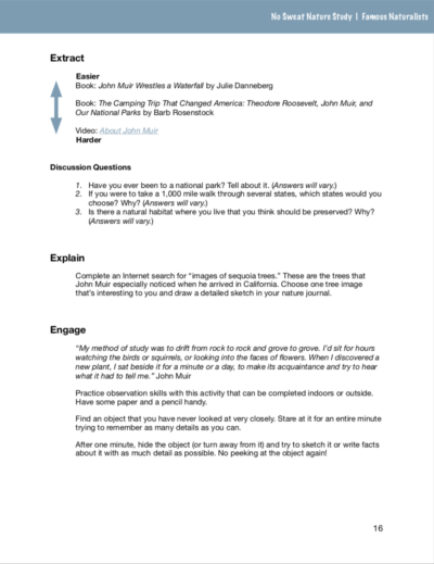 Page from the Famous Naturalists No Sweat Nature Study curriculum.