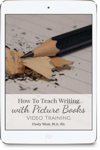 iPad cover for a picture book masterclass product. It has a photo of a black pencil with pencil shavings.