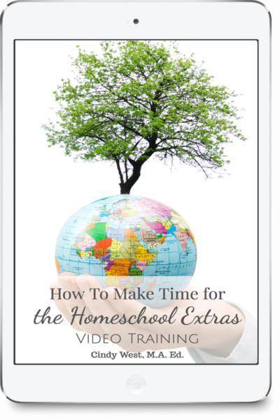 iPad cover for a mastercalss about making time for the Homeschool Extras. It has a hand holding a small globe with a leafy tree growing out above the globe.
