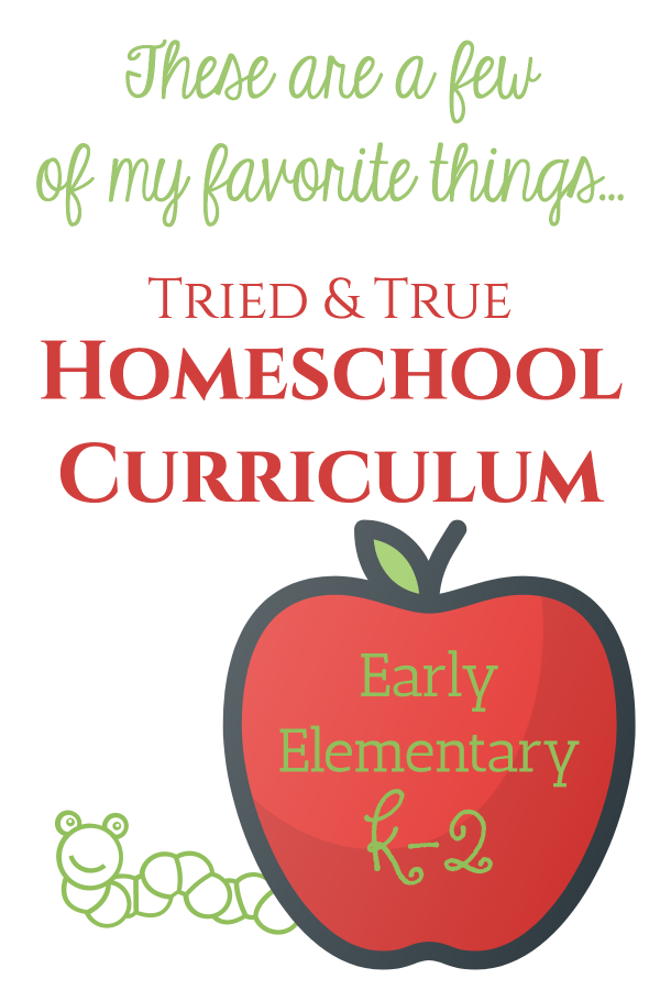 Image with a drawing of a red apple and a green worm. Used as an image for a blog post about tried and true homeschool curriculum.