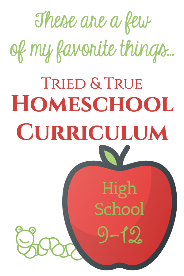 Image with a drawing of a red apple and a green worm. Used as an image for a blog post about tried and true homeschool curriculum.