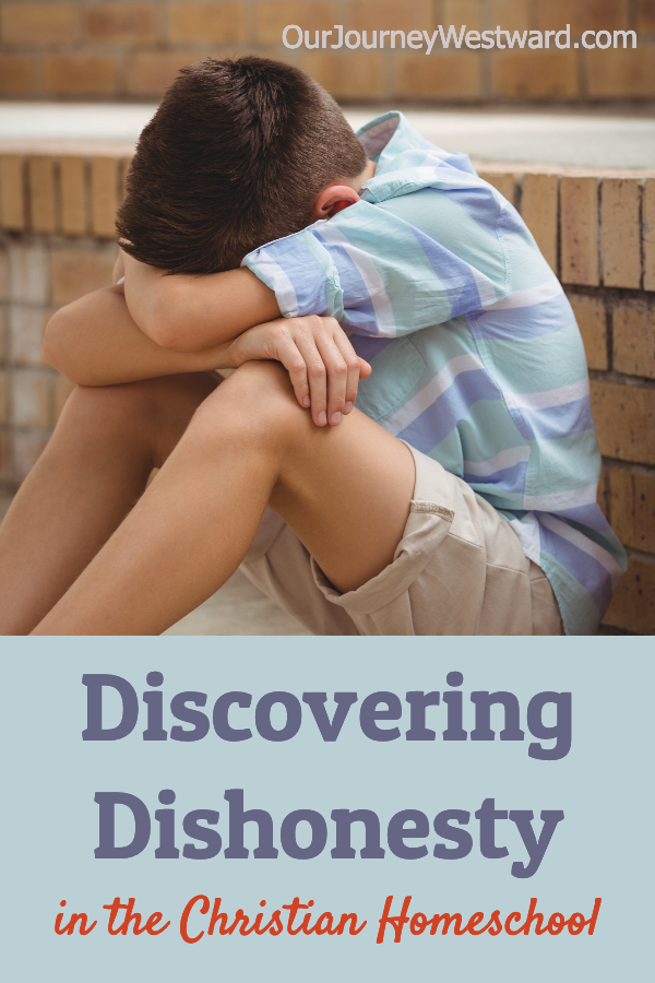 Boy in blue and green shirt and brown hair buries his head in his arms. For a blog post about discovering dishonesty in the homeschool.