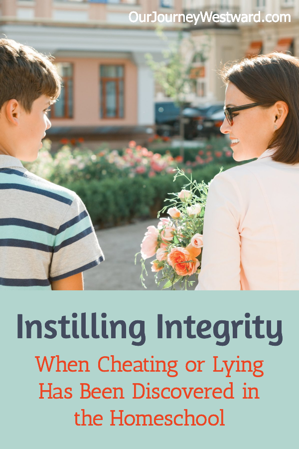 Mother holding a bouquet of flowers and wearing glasses looks at her son in a striped shirt with their backs to the camera. This image is for a blog post about instilling integrity.