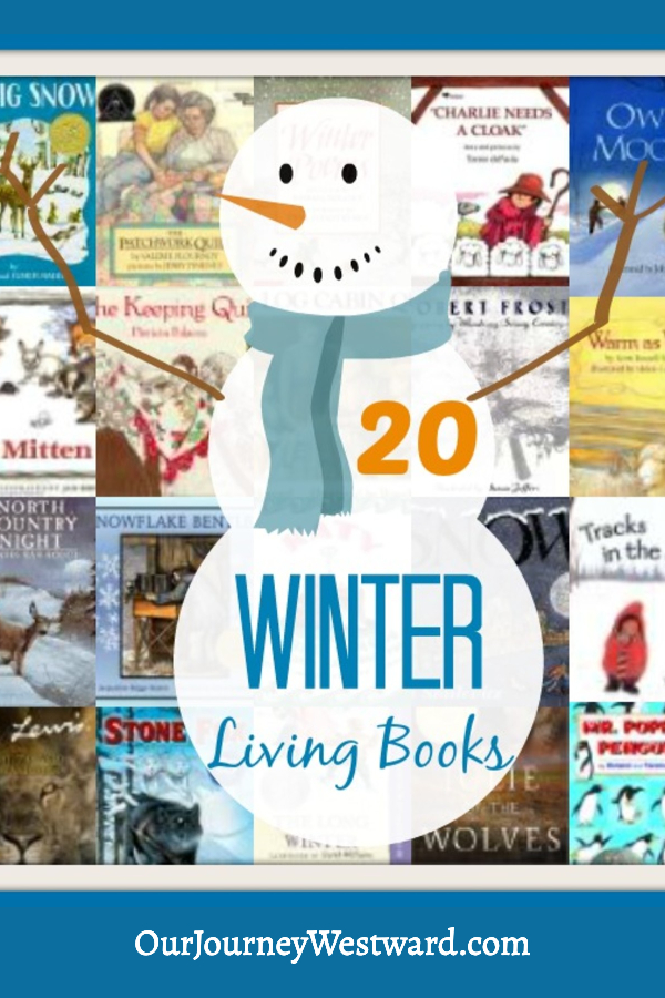 Book covers in the background with an opaque snowman overtop with stick arms waving. This image is to advertise a blog post about winter living books.