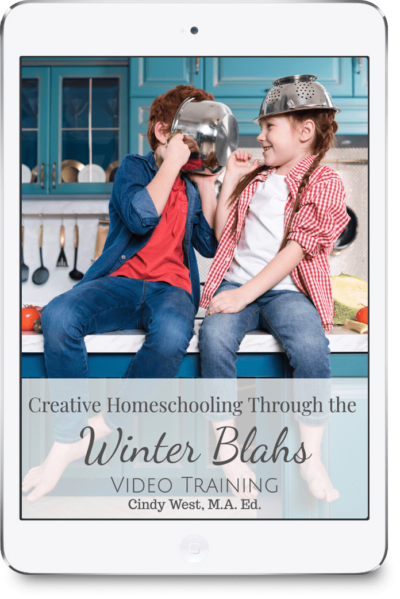 A brother and sister sitting on a white countertop with blue cabinets above and beneath. The brother is holding a pot over his face, and the sister is wearing a metal colander on her head. They are having a good time. This is used for the cover of a masterclass about homeschooling creatively through the winter blahs.