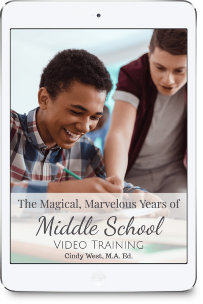 Boy in a red, white, and blue plaid shirt is doing some homework with the help of another boy. This is the cover for a masterclass about the marvelous years of middle school.