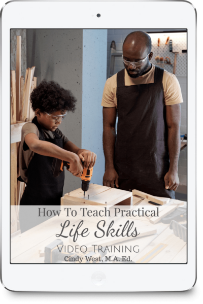Father teaching a son how to use a drill to screw into wood. This is the cover for a masterclass about teaching life skills