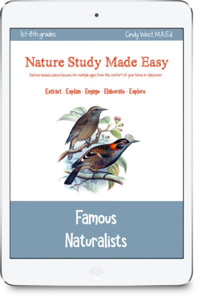 iPad with grey/blue trim. Has a drawing of two birds sitting on tree branches. It is the cover for a curriculum about Famous Naturalists.
