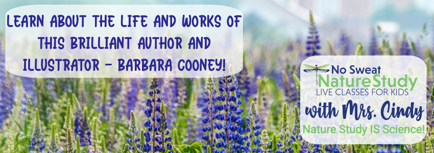Purple lupine flowers with text as an advertisement for a video class about Barbara Cooney