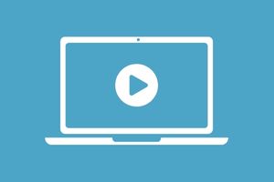 bright blue background with laptop graphic