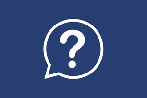 blue background, white question mark inside a speach bubble