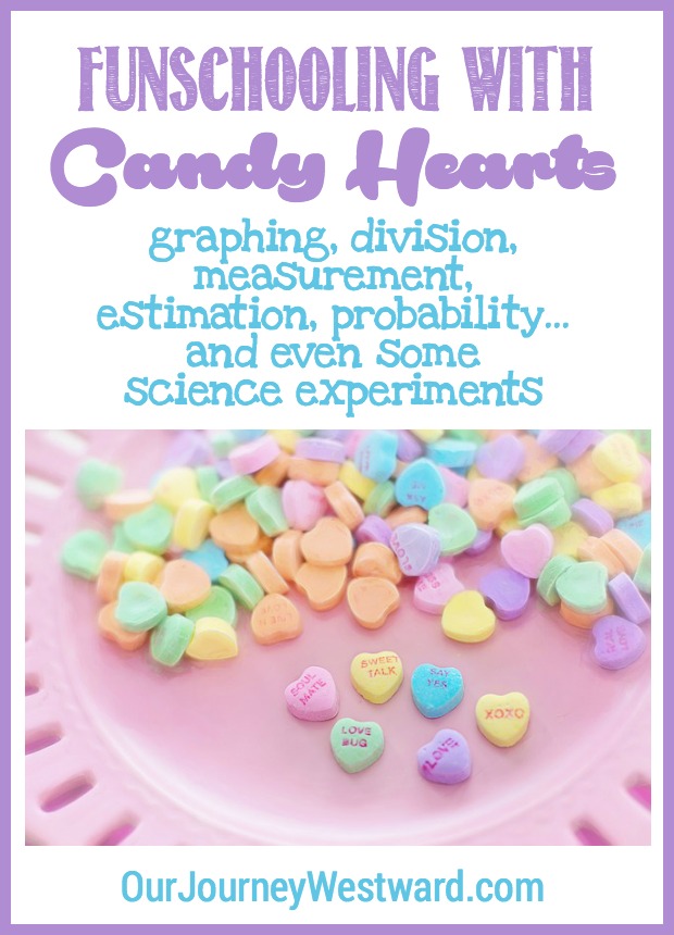Pile of candy hearts on a pink plate in an image about funschooling with candy hearts.