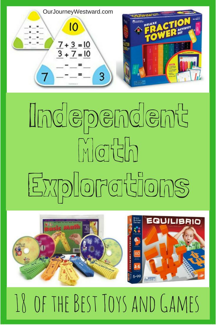 Math games on green background. Image is used for a blog post about independent math explorations.