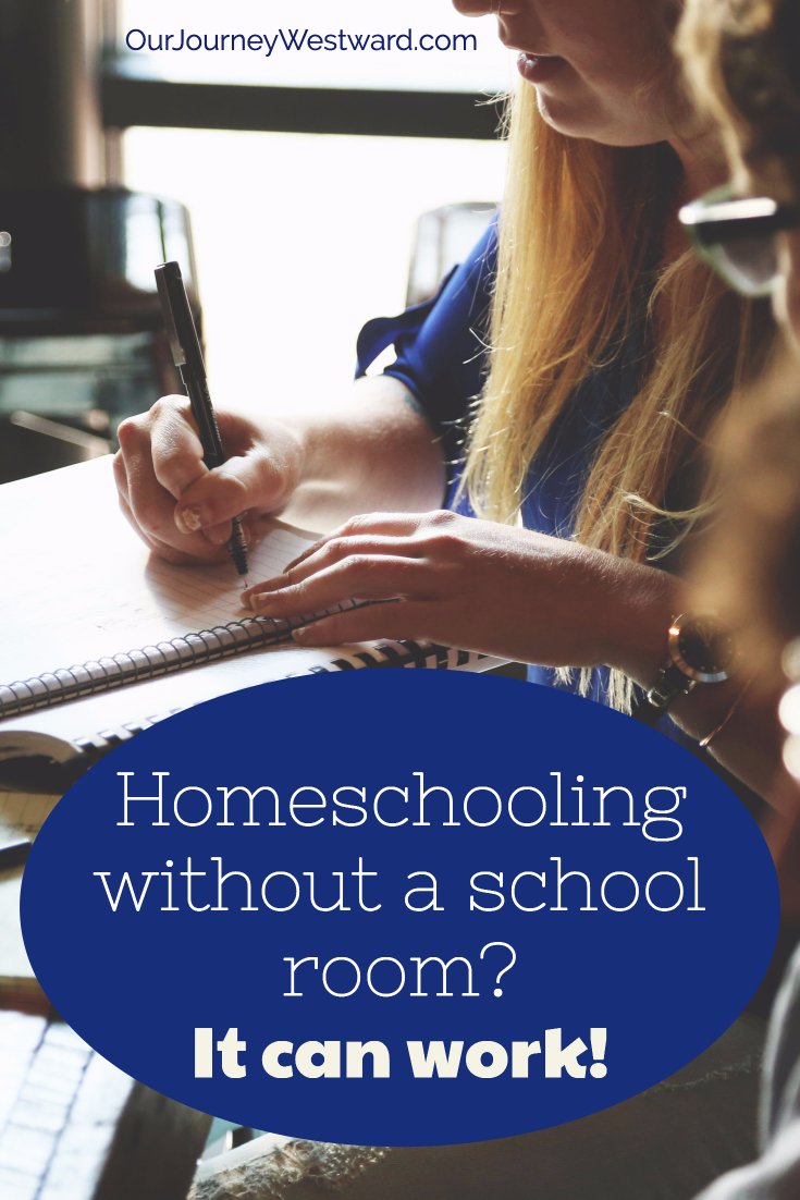 People sit around a table writing on a white piece of paper. The image is used for a post about Homeschooling without a school room.