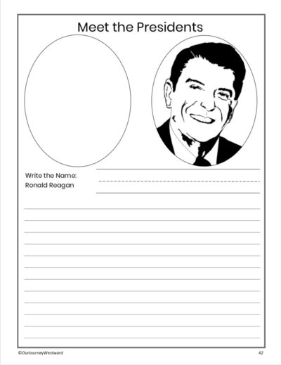 Meet the Presidents notebooking page with Ronald Reagan's picture on it.