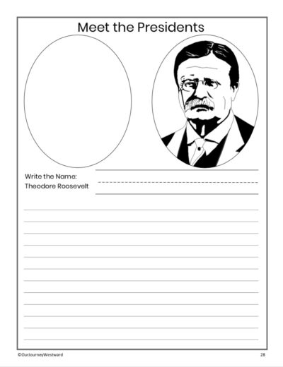 Meet the Presidents notebooking page with Teddy Roosevelt's picture on it.