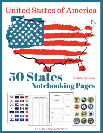 United States of America notebooking pages cover with an outline of the united states colored like the American Flag.