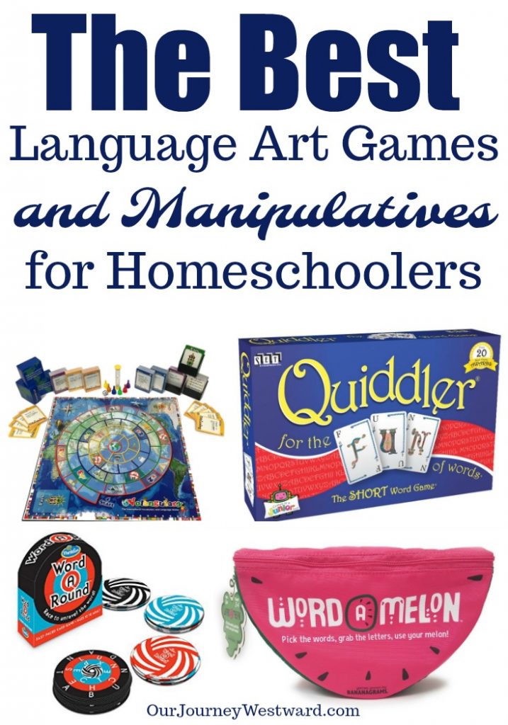 The best language arts games are educational AND fun. This list of board games, card games and manipulatives will motivate your students to practice language arts skills. #homeschool #languagearts #gameschooling