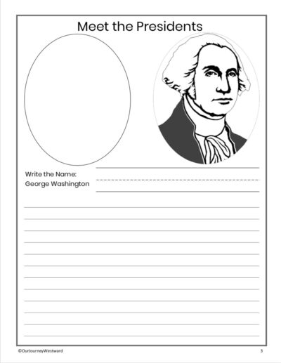Meet the Presidents notebooking page with George Washington's picture on it.