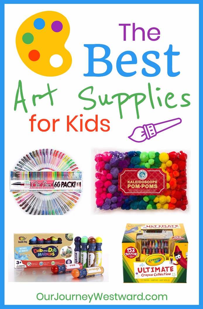 Blog image about the best art supplies for kids. There are colorful pom poms, crayons, markers, and paints on the image.