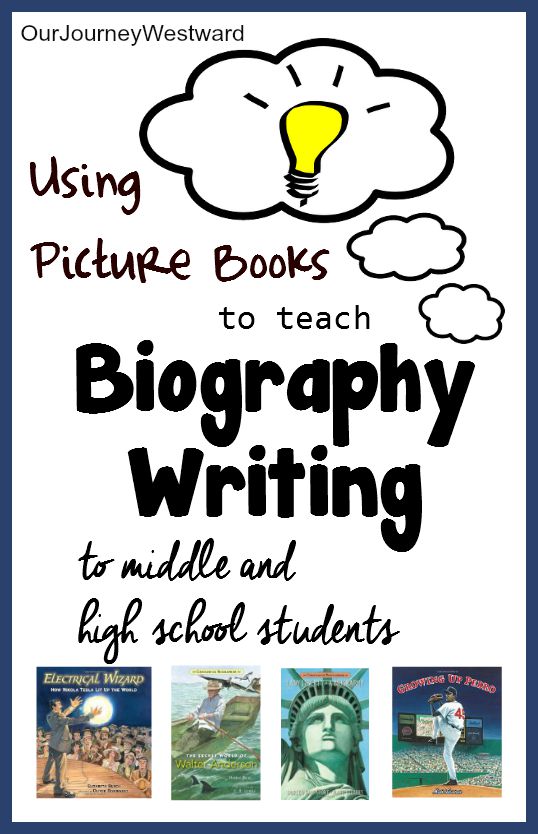 Blog post image with little history books on them for a post about using picture books to teach biography writing.